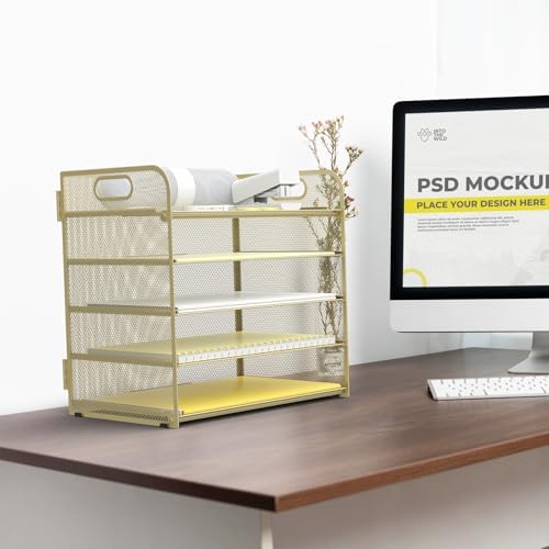 Letter Tray Paper Organizer 5-Tier Desk Organizer File Organizer Paper Holder with Handle, Metal Desktop Document Shelf Tray Office Classroom Organization - Gold - Image 5