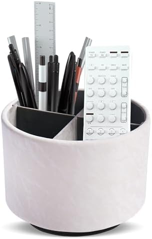 Round Leather Art Supply Organizer,Remote Control Holder,360 Degree Spinning,Multi-Functional Pencil Holder,4 Compartments Desktop Stationary Organizer(1-Hill White) by Hennaja