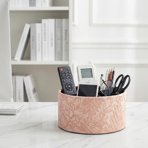 Remote Control Holder, 360°Spinning PU Leather Desk TV Remote Caddy,Desk Storage Box Room Accessories for Controller, Media,Mail,Calculator, Mobile Phone,Pencil(1-Carved Pink) - Image 6