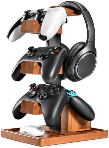 Solid Wood Metal 3-Tier Controller Stand with Headphone Holder for Desk by HUMANCOZY