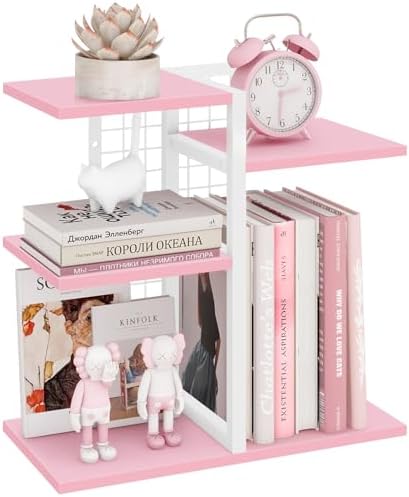 Desktop Bookshelf, Tiered Desk Organizer Shelf, Wooden Tabletop Bookshelf Small Desk Book Shelf, Dresser Top Organization Storage Rack and Desk Decorations for Women Office, Pink by ELITEROO