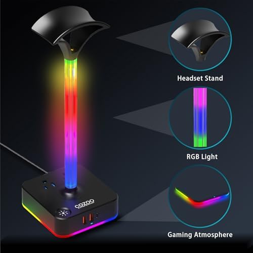 Headphone Stand with Charger, USB C, Gifts for Gamers Men, RGB Black - Image 4