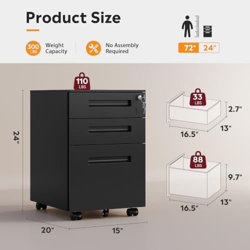DEVAISE 3 Drawer Mobile File Cabinet, Fully Assembled Except Casters - Image 3