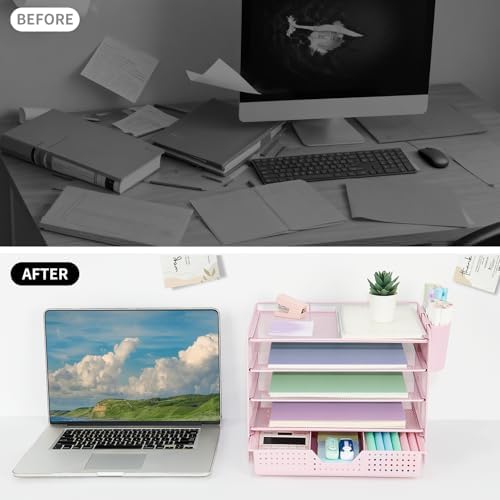 Desk Organizers and Accessories, 5-Tier Paper Letter Tray Organizer with Drawer & 2 Pen Holders, Desktop Organizer for Office Supplies (Pink) - Image 7