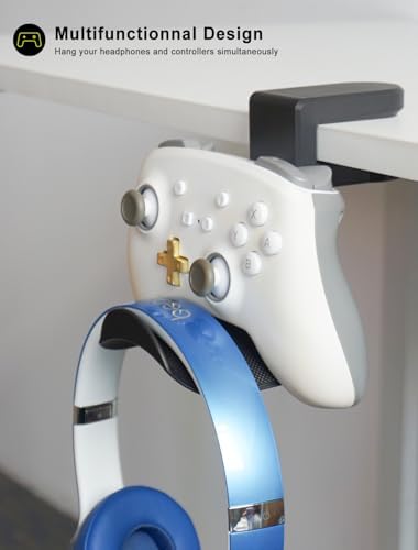 Headphone Holder Hanger Upgraded with Rotating & Adjustable Clamp for Controller & Headphones, Headset Stand Under Desk Hook Mount Built in Cable Clip - Image 6