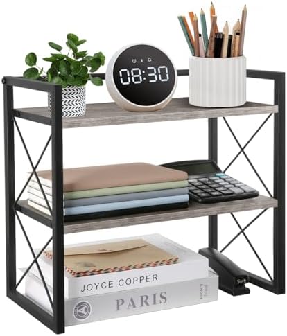 Desktop Shelf Organizer, 2 Tier Office Shelves, Wood Desk Organizer Storage Rack and Freestanding Display Shelf for Office, Dormitory, Home (Grey) by YINMIT