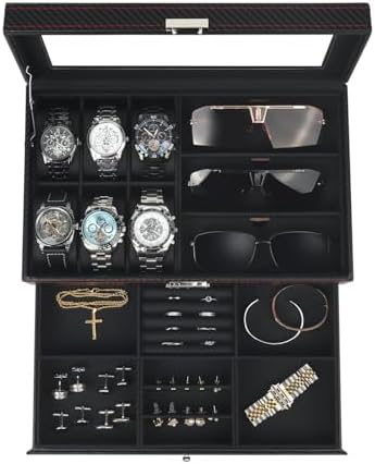 Mens Jewelry Box Organizer, 6 Watch Slots & 3 Sunglasses -Black by KUKIKAN