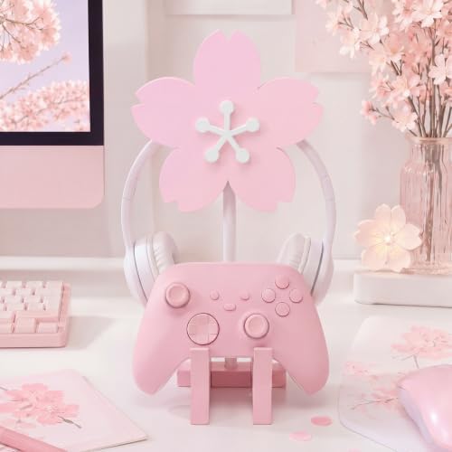 Mifoci Pink Sakura Headphone Stand with Gaming Controller Holder, Cute Wooden Controller and Headset Stand, Pink Computer Gaming Equipment Accessories for Office, Desk, Women Gamer, Birthday Gift by Mifoci