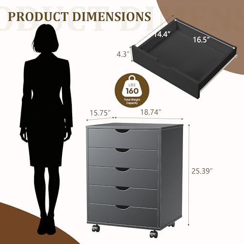 5 Drawer Chest, Under Desk Storage Mobile File Cabinet with Wheels, 5 Office Drawer for Home & Office Printer Stand, Black - Image 3