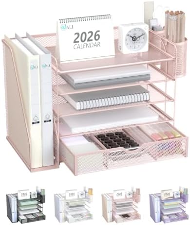WALI Desk File Organizer, 5 Tier Desktop Paper Letter Tray Organizer with Drawer and 2 Pen Holders, Office Desk Accessories & Workspace Organizers for Office, Home Supplies(DO006DH-P), 1 Pack, Pink by WALI