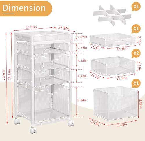 Rolling File Cart with 4 Storage Drawers, Under Desk Filing Cabinet with DIY Divider, Hanging File Folder Organizer on Wheels, Fits A4/Letter Size, Metal Utility Cart for Home Office, White - Image 7