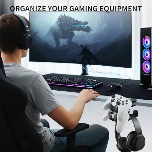 Premium Headset Stand & Gaming Headphone & Controller Holder - 360° Adjustable Under Desk Hook with Cable Management, Black - Perfect Desk & PC Accessories - Image 3