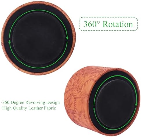 Round Leather Art Supply Organizer,Remote Control Holder,360 Degree Spinning,Multi-Functional Pencil Holder,4 Compartments Desktop Stationary Organizer(1-Carved Brown) - Image 4