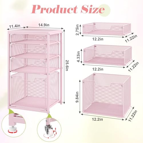 4 Drawer Rolling File Cart Under Desk Storage, File Cabinets for Home Office, Mobile Filing Cabinet, Hanging File Organizer with Wheels, Utility Cart Printer Stand, Pink - Image 3