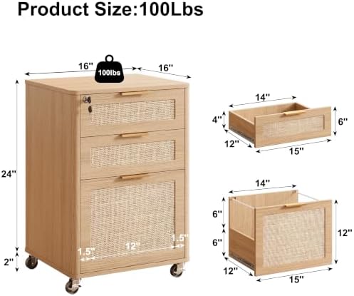 3 Drawers Rattan Mobile File Cabinet with Lock, Rolling File Cabinet Printer Stand Table, Under Desk Wooden Filing Cabinets for Home Office Essentials Storage Organization Furniture Letters/A4 - Image 2