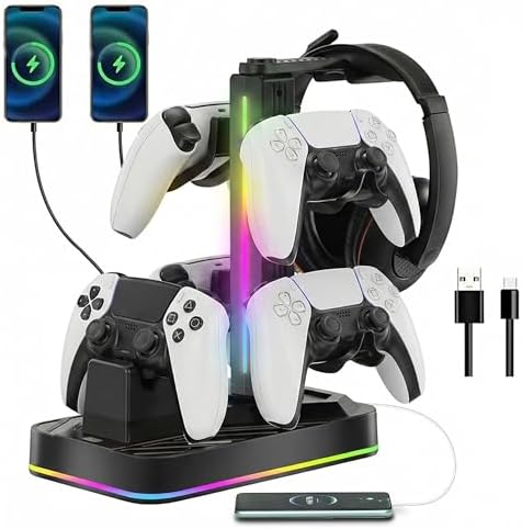 PS5 Controller Charger with Headphone Stand, RGB PS5 Controller Charging Station Dock with 3 USB Ports, Headset and Controllers Holder Stand for PlayStation 5 & DualSense Edge Controllers by JDGPOKOO