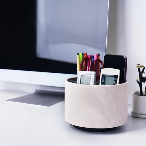 Round Leather Art Supply Organizer,Remote Control Holder,360 Degree Spinning,Multi-Functional Pencil Holder,4 Compartments Desktop Stationary Organizer(1-Hill White) - Image 7