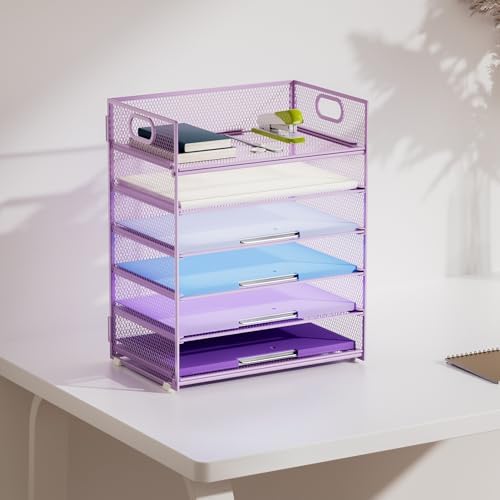 Marbrasse 6 Tier Paper Organizer Letter Tray - Mesh Desk File Organizer with Handle, Paper Sorter for Letter/A4 Office File Folder Holder - Purple - Image 6