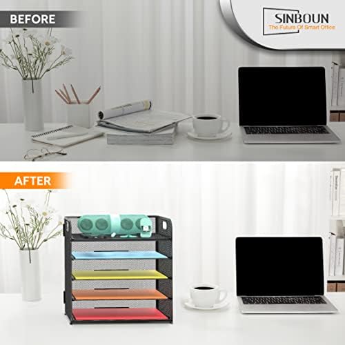 Letter Tray Paper Organizer 5-Tier Desk Organizer File Organizer Paper Holder with Handle, Metal Desktop Document Shelf Tray Office Classroom Organization - Black - Image 4