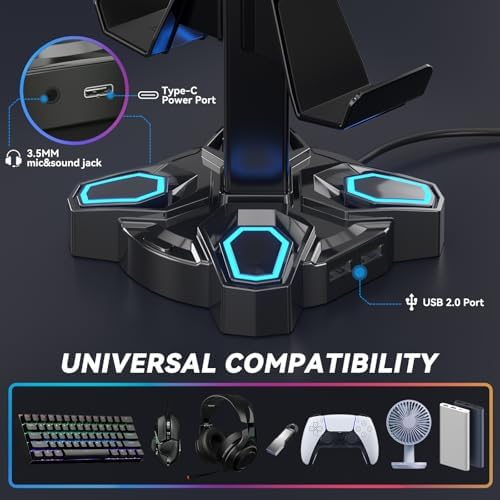 KDD Gaming Headphones Stand, Rotatable Headset Stand with Light Modes - Controller Holder with 2 USB Charging Ports and 3.5mm - Earphone Hanger Accessories for Desktop Gamer(Black) - Image 5