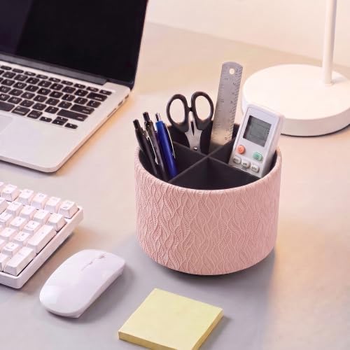 Round Leather Art Supply Organizer,Remote Control Holder,360 Degree Spinning,Multi-Functional Pencil Holder,4 Compartments Desktop Stationary Organizer(1-Leaves Pink) - Image 6