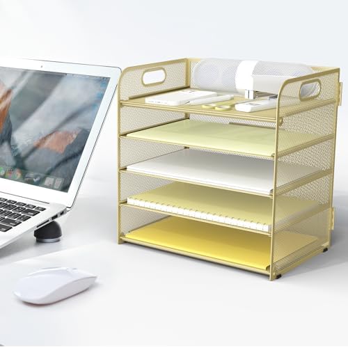 Letter Tray Paper Organizer 5-Tier Desk Organizer File Organizer Paper Holder with Handle, Metal Desktop Document Shelf Tray Office Classroom Organization - Gold - Image 6