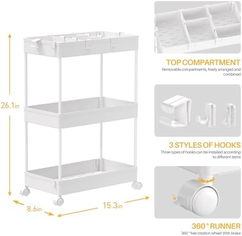 3 Tier Rolling Cart with Wheels, Storage Craft Art Trolley Organizer Serving, 3 Hanging Baskets Easy Assembly, for Office, Bathroom，Living Room, Kitchen, White - Image 2