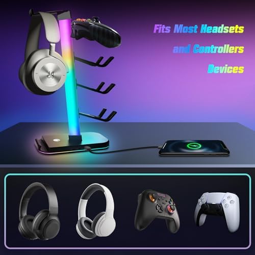 VCOM RGB Gaming Headphones Stand with 10 Light Modes, 4 Controller Holder with 1 USB & 2 Type-C Charging Ports,Headset Stand Suitable for All Earphone Accessories, Best Gift for Desk Gamers - Image 3
