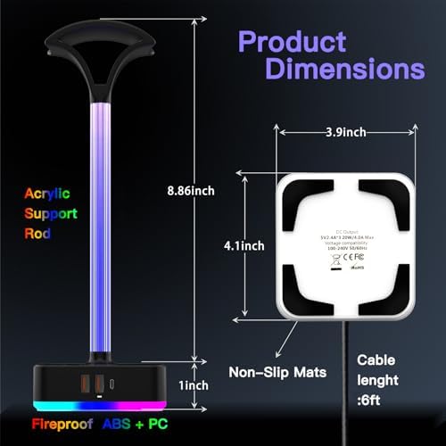 Headphone Stand with Charger, USB C, Gifts for Gamers Men, RGB Black - Image 6