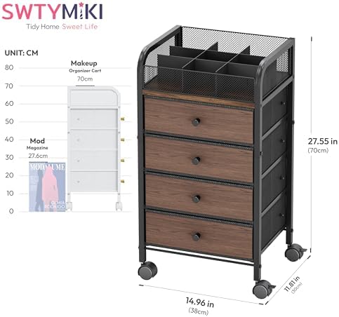 Rolling Makeup Organizer Cart - 14.96″*11.81″*27.55″ Widened Under Desk Vanity Storage with 4 Non-woven Drawers, Cosmetic Display Cases for Skin Care Perfume Nail Polish Brush Hair Tool Black - Image 2