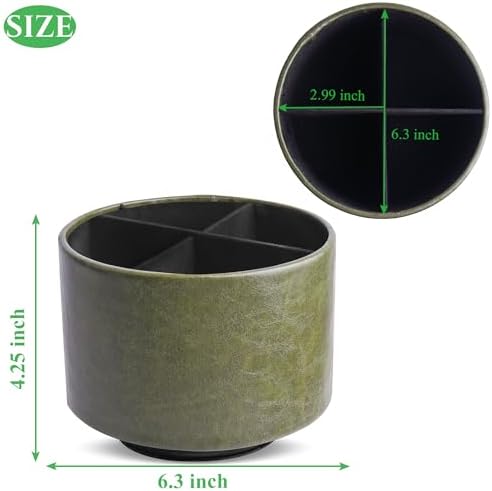 Round Leather Art Supply Organizer,Remote Control Holder,360 Degree Spinning,Multi-Functional Pencil Holder,4 Compartments Desktop Stationary Organizer(1-Oil Green) - Image 2