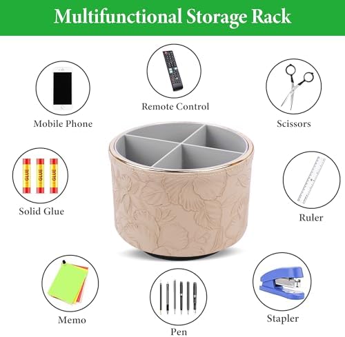 Round Leather Art Supply Organizer,Remote Control Holder,360 Degree Spinning,Multi-Functional Pencil Holder,4 Compartments Desktop Stationary Organizer(1-Golden Apricot) - Image 5
