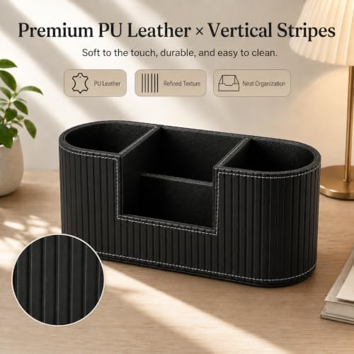 Modern Leather Desk Organizer for Men & Women, Aesthetic Office Desk Accessories Organizer, Faux Leather Vanity Organizer for Pens, Makeup Brushes, Remote Controls, Black Minimalist Desk Decor - Image 4