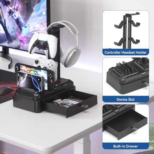 KDD Headphone Stand with Drawer - Rotatable Headset & Detachable Controller Holder for Desk - Multifunctional Organizer with Device Slot for Phones, Tablets - Universal for Gaming Accessories - Image 4