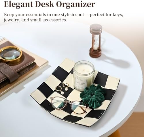 Black and White Checkered Valet Tray PU Leather Key Holder Bowl for Women and Men Entryway Table Nightstand Desk Tray for Wallet, Keys Men's Gift - 9.8" L x 9.8" W x 2" H - Image 4