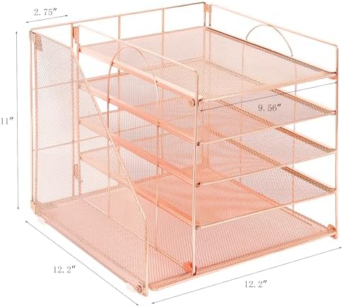 Desk Organizers and Accessories, 5-Tier Paper Letter Tray Organizer with File Holder, Desktop Organizer for Office Supplies (Rose Gold) - Image 4
