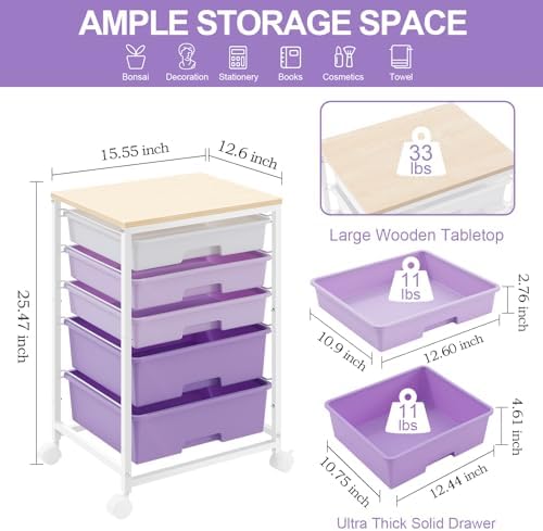 Utility Cart with 5 Drawers with Wooden Top,Purple - Image 3
