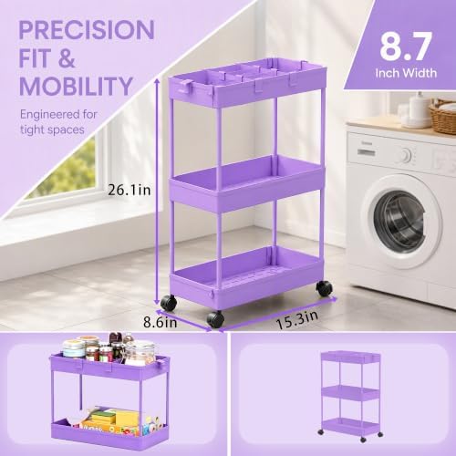 Slim Storage Cart 3 Tier,Bathroom Organizer Rolling Utility,Mobile Shelving Unit Slide Out for Office, Kitchen, Laundry Room & Narrow Places,Purple - Image 2