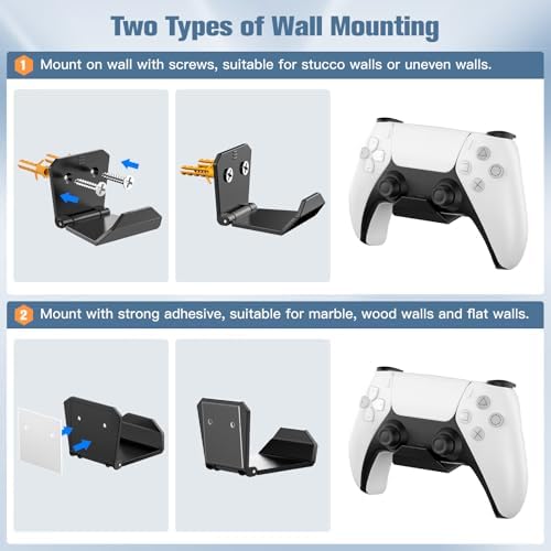 KUNSLUCK 2 Pack Controller Wall Mount for PS5, Xbox, Switch Controller, Wall Mount Stand for Controller&Headset, Adhesive/Screws Installation (Black) - Image 4