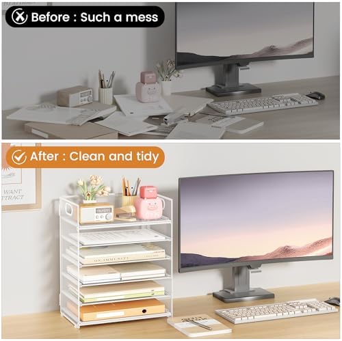 6-Tier Desk Paper Organizer, Desktop File Letter Tray with Handle, Document Sorter and Accessories Holder for Office, Home and School Workspace Organizers, White - 2 Pack - Image 2