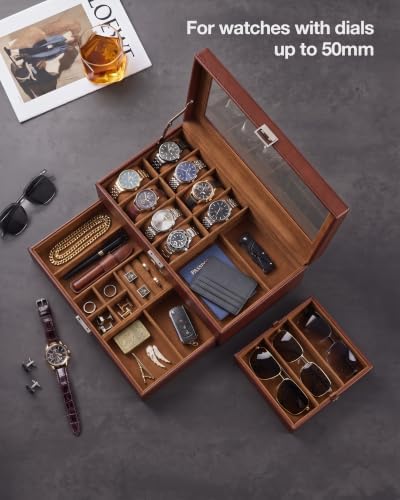 ProCase Mens Jewelry Box, Lockable 8 Slot Watch Case & 3 Slot Sunglasses Organizer, 2-layer Mens Jewelry Organizer Watch Box for Men, Watches Holder Display Storage, Fathers Day Gift -Brown - Image 2