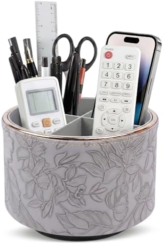 Round Leather Art Supply Organizer,Remote Control Holder,360 Degree Spinning,Multi-Functional Pencil Holder,4 Compartments Desktop Stationary Organizer(1-Golden Grey) by Hennaja