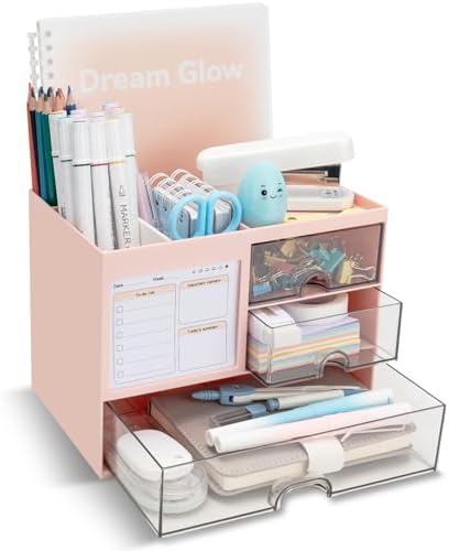 Multi-Functional Desk Organizer with 3 Drawer and 8 Compartments, Pink by QIYVLOS