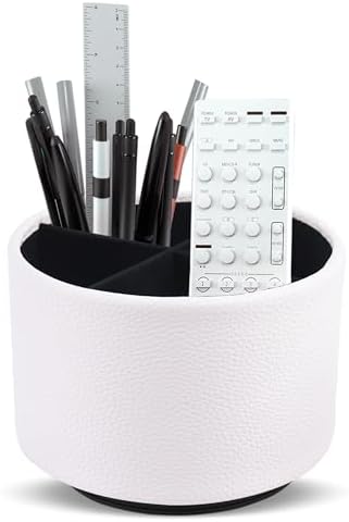 Round Leather Art Supply Organizer,Remote Control Holder,360 Degree Spinning,Multi-Functional Pencil Holder,4 Compartments Desktop Stationary Organizer(1-Lichee White) by Hennaja