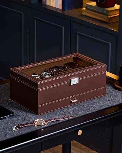ProCase Mens Jewelry Box, 6 Slot Watch Box & 3 Slot Sunglass Holder -Brown - Image 4