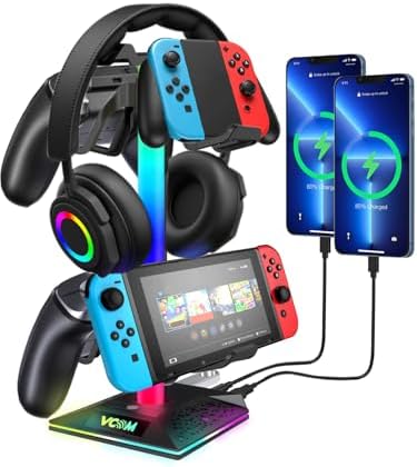 VCOM RGB Gaming Headphones Stand with 2 USB and 1 Type-C Ports, Headset Stand with 10 Light Modes and Non-Slip Rubber,Suitable for All Earphone Accessories, Best Gift for Desk Gamers by VCOM