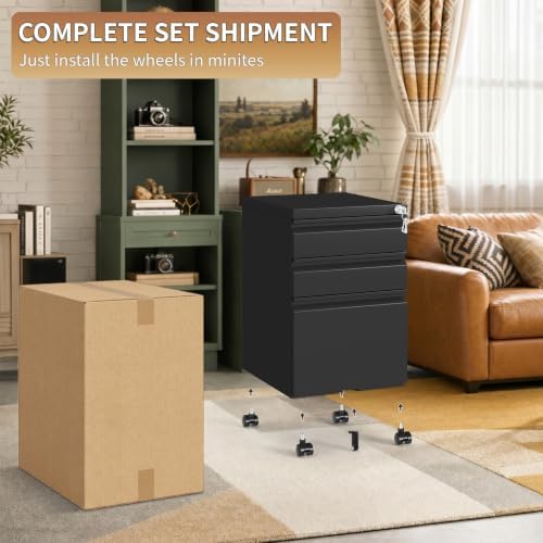 3 Drawer File Cabinet with Lock and Casters, Black - Image 6