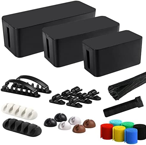 Cable Management Box, 3 Pack Cord Organizer Boxes with 33 PCS Cable Management Set to Cover Hide Power Strip, Surge Protector Under Desk & on Floor, Wire Concealer for Home Office Computer TV (Black) by OSPNIEEK