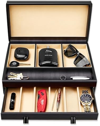 Stock Your Home Mens Valet Tray, Men's Jewelry Box, Night Stand Organizers and Storage, Bedside Table Organizer, Watch Box for Dresser, Faux Leather (Black & Beige) by StockYourHome