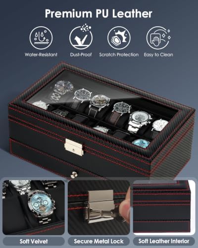 Mens Watch Box Jewelry Organizer,12-Slot 2-Layer Watch Case -Black - Image 5